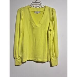 Loft Womens Pullover VNeck Sweater Puffy Sleeves Medium Bright Yellow Casual
